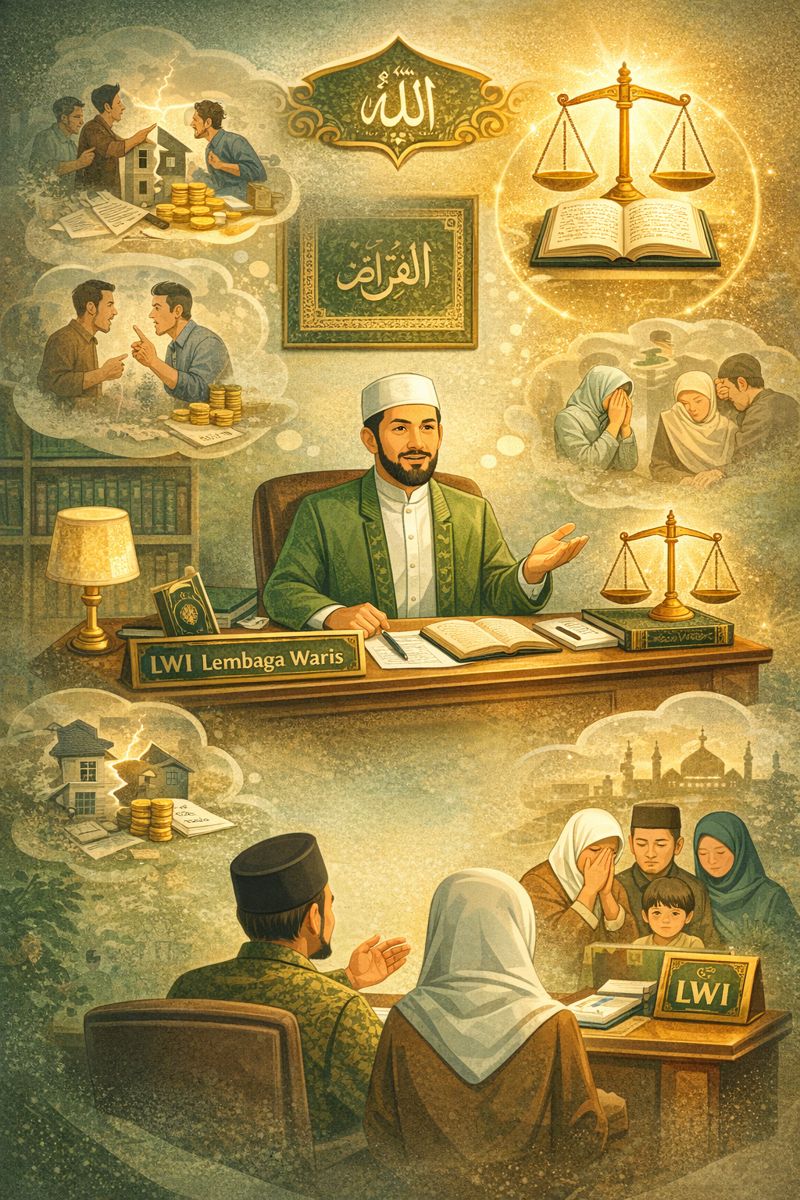 Ilustrasi Lembaga Waris Indonesia sebagai rujukan waris syariah yang menyelesaikan konflik keluarga akibat pembagian waris keliru melalui ilmu faraidh berlandaskan Al-Qur’an, keadilan, dan keberkahan